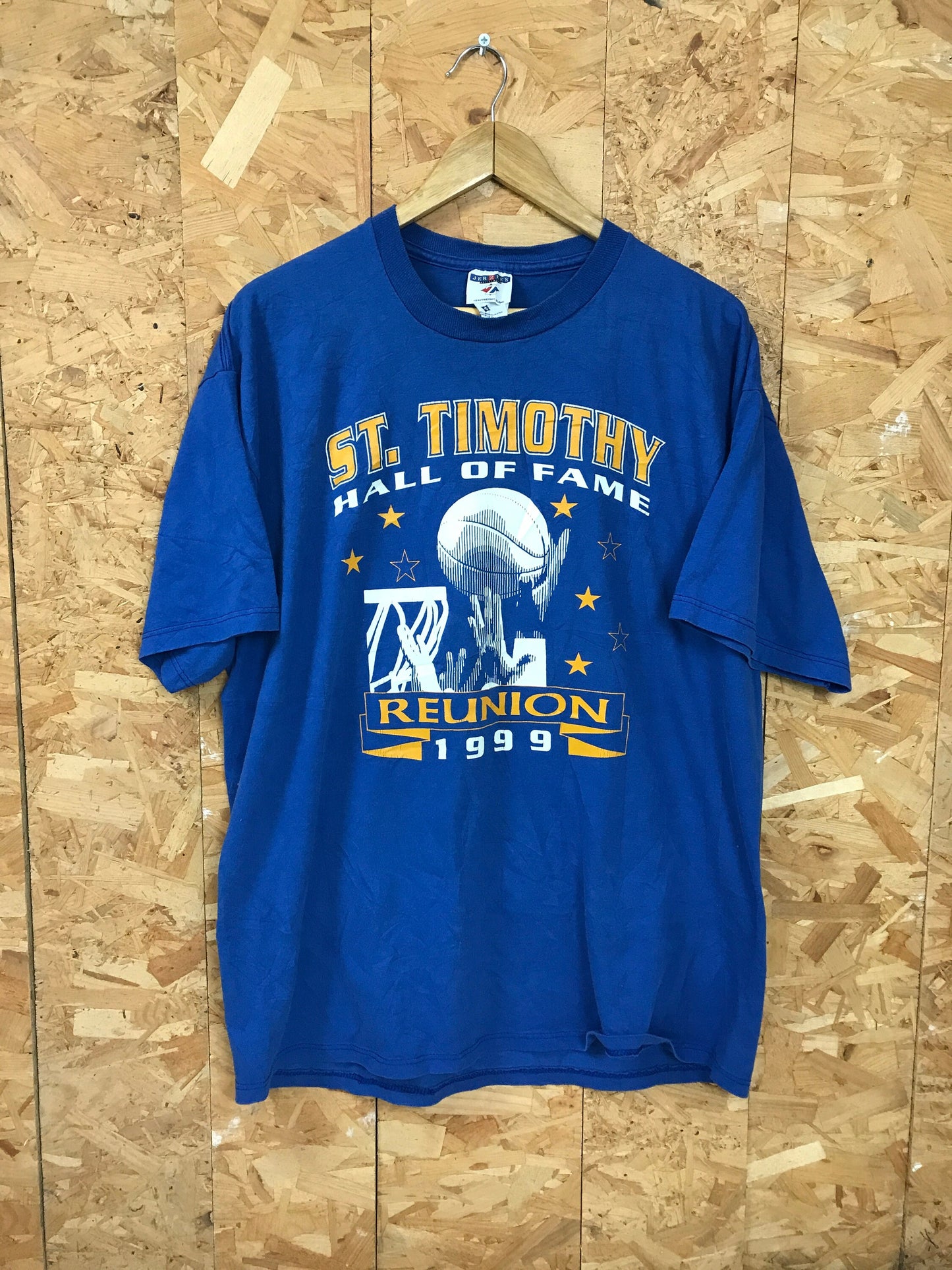 Vintage 99&#39; St Timothy Ohio USA college sports basketball reunion team souvenir blue t-shirt size XL