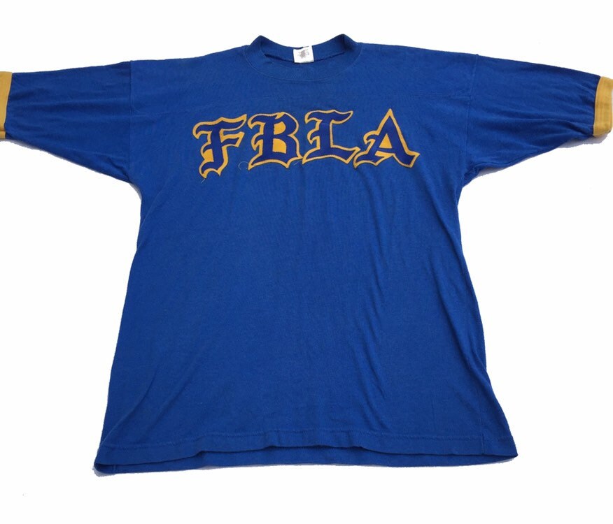 Vintage 90s FBLA embroidered letters USA souvenir American football yellow blue t-shirt size XL