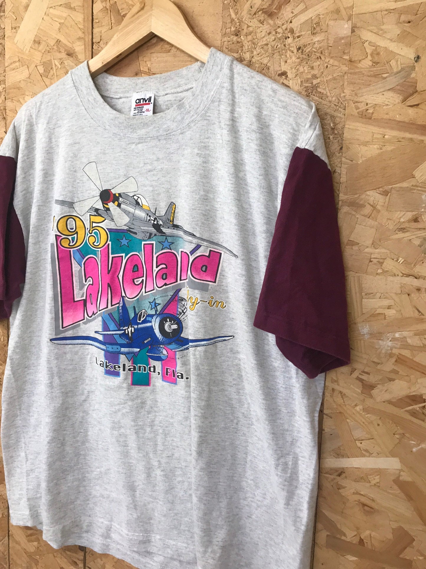 Vintage 95 Lakeland Fly-In aeronautical festival USA souvenir grey marl & dark red t shirt size XL