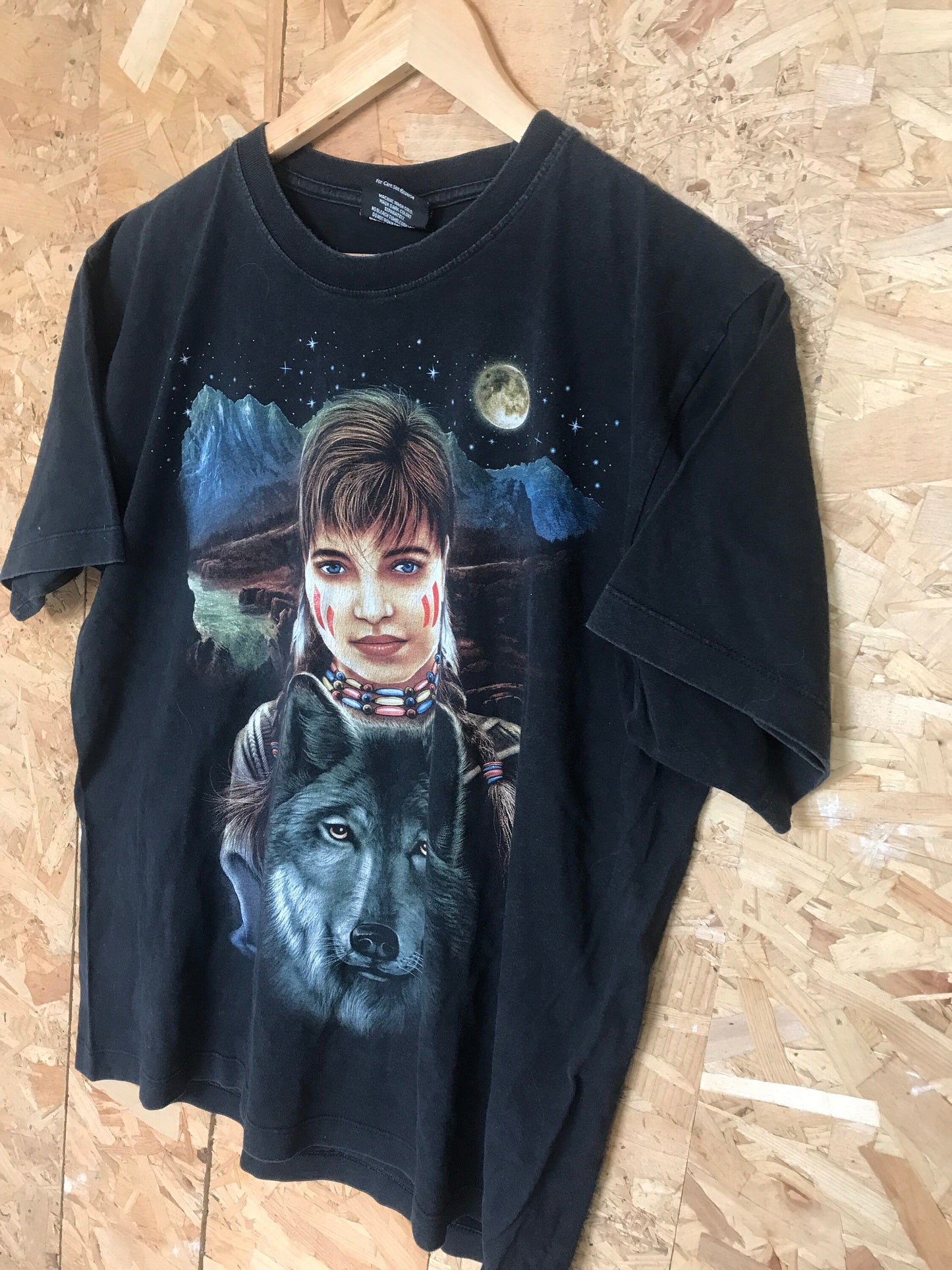 Vintage moon child & wolf animal nature scene black t-shirt size large