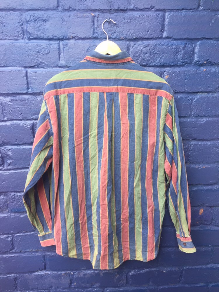 Vintage 90s United Colours of Benetton green blue red corduroy striped long sleeve shirt size large