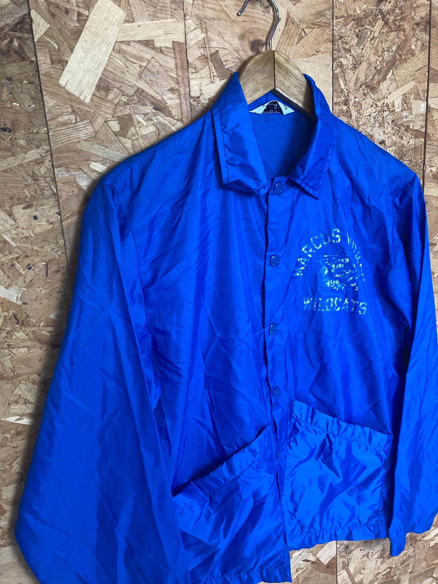 Vintage 70s blue distressed Marcus Witman Wildcats USA college sports coach track jacket windbreaker