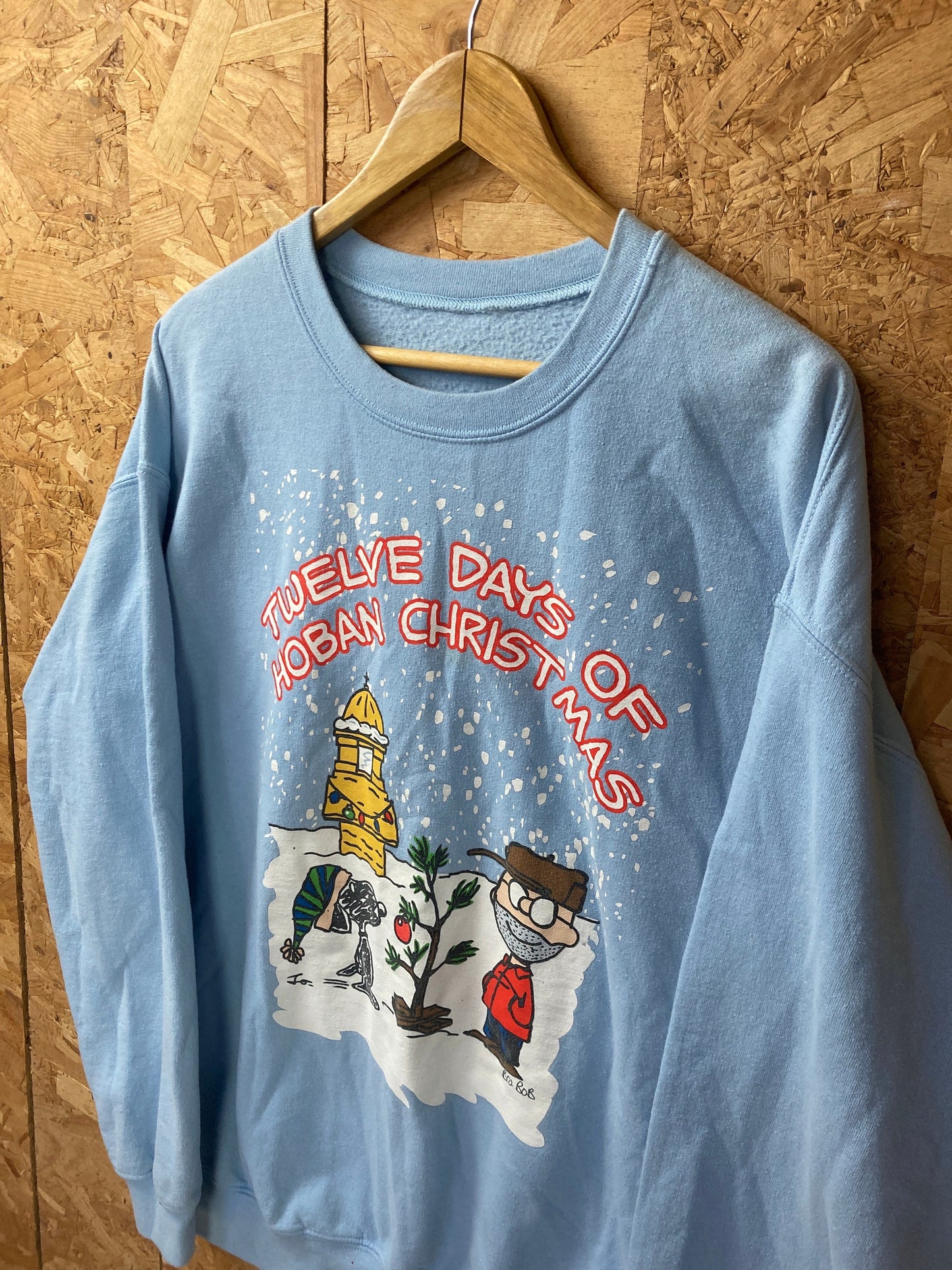 Vintage 90s 12 days of Hoban Christmas quirky USA pastel blue crew neck Xmas sweater oversized XL