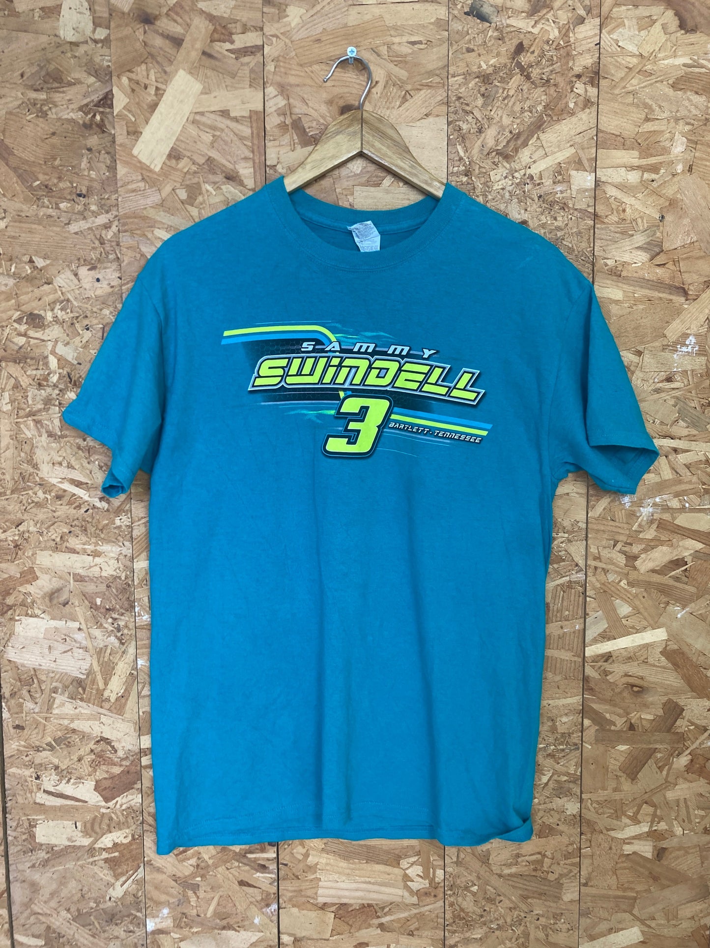 Vintage Y2K nascar racing Sammy Swindle outlaw race souvenir turquoise t-shirt size medium