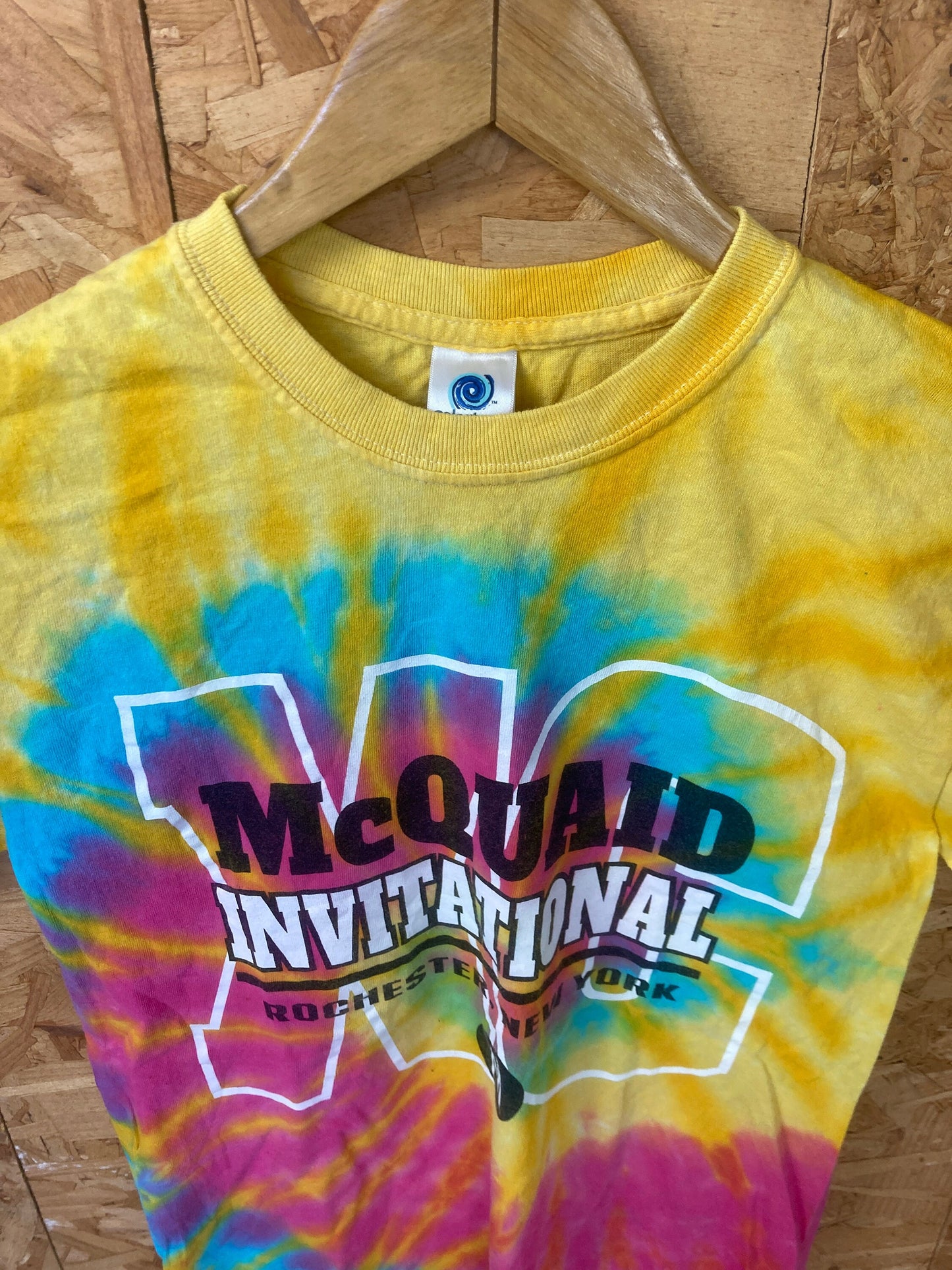 Vintage 90s McQuaid Invitational Rochester New York USA pink yellow blue rainbow tie dye souvenir festival t-shirt size small