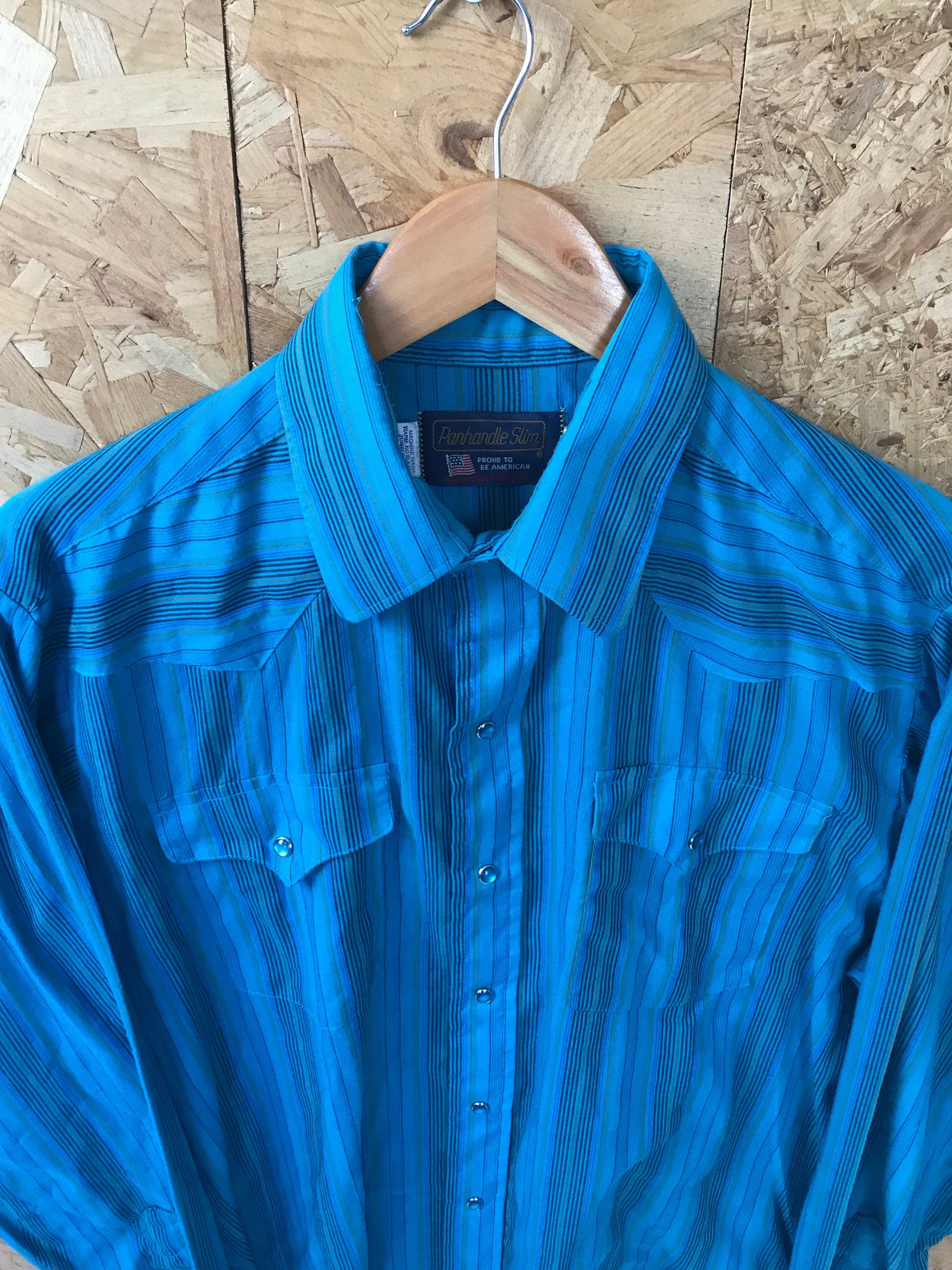Vintage 80s Panhandle Slim turquoise blue cotton striped USA western shirt size large 16/32