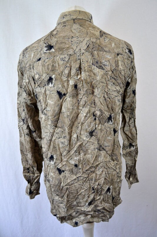 Vintage 90s beige Grunge Pastel Grey abstract charcoal sketch Pattern long sleeve shirt oversized medium