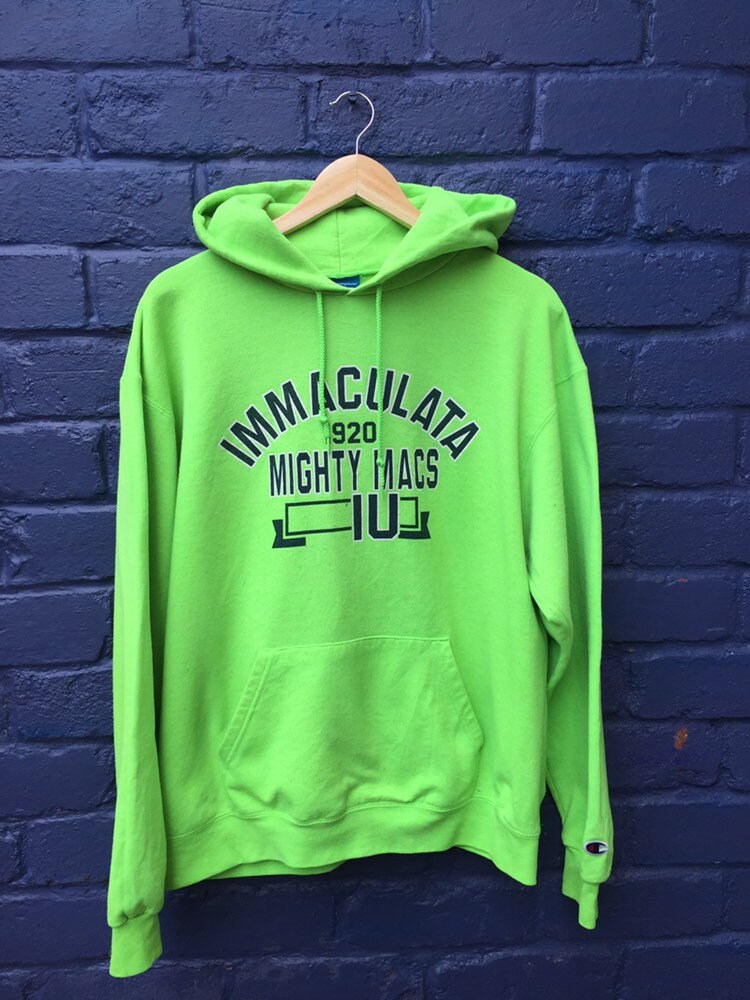 Vintage 90s Champion USA Immaculata Mighty Mac’s Varsity  college hoodie lime green & blue spellout