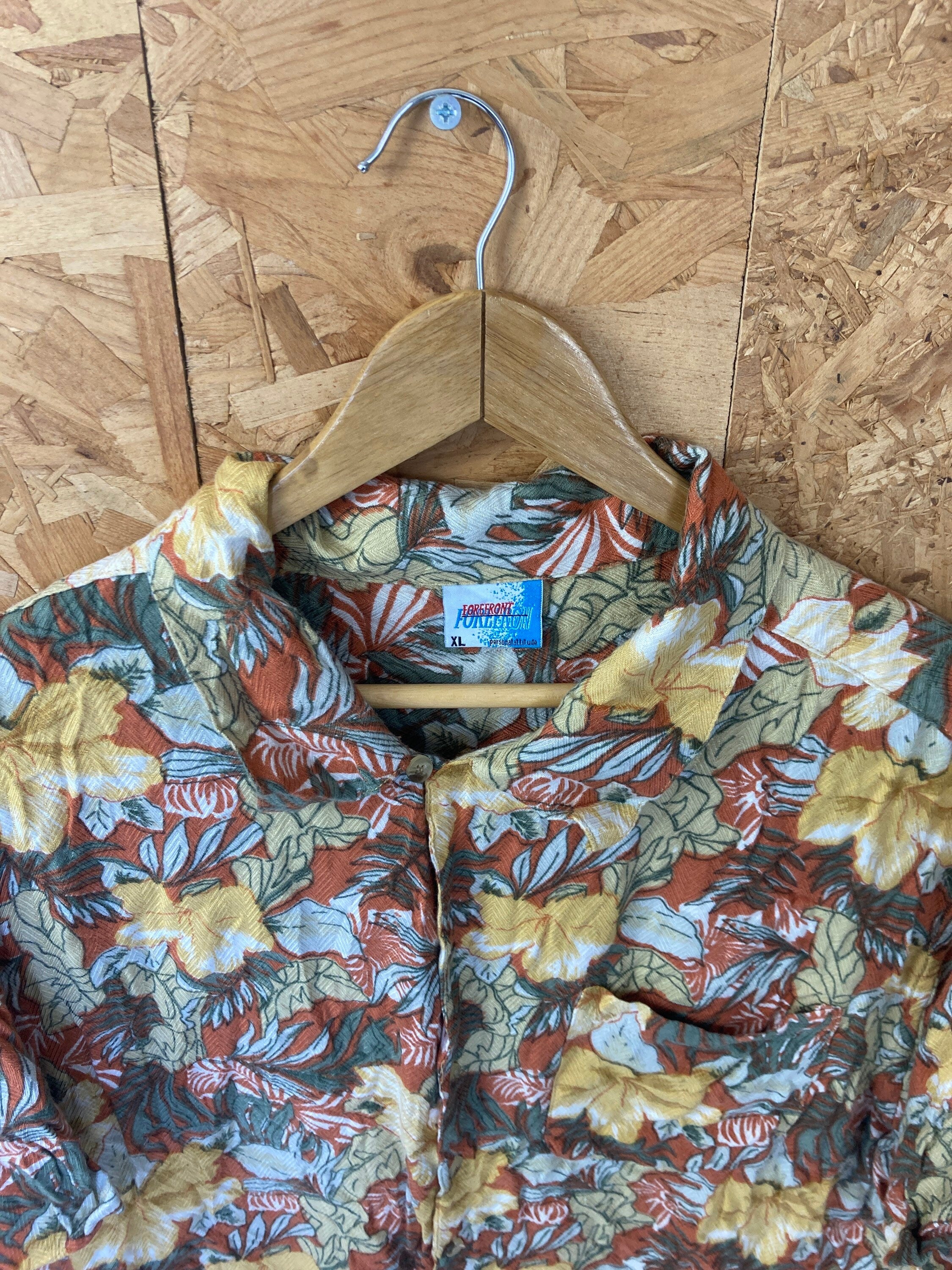 Vintage 80s yellow orange green hibiscus floral palm Hawaiian party beach rayon shirt size XL