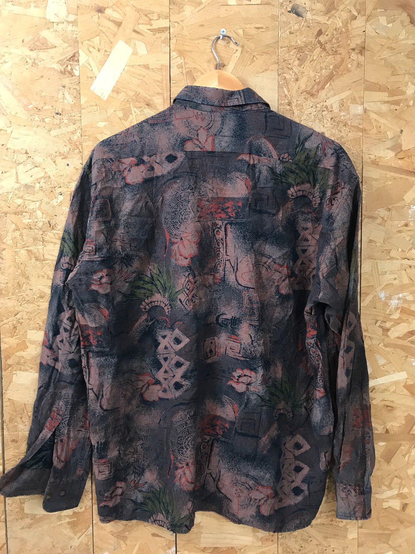 Vintage 90s brown red green grungy abstract print long sleeve ugly rayon shirt oversized large