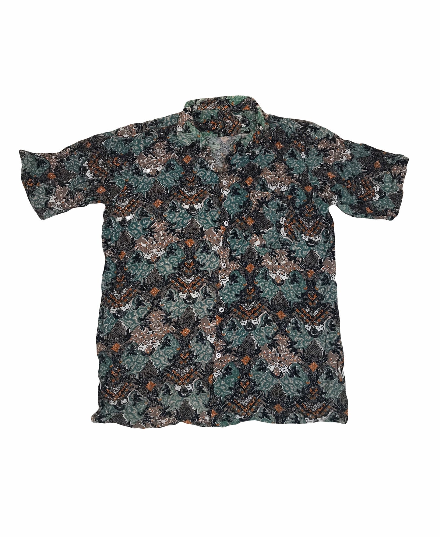 Vintage 90s mens ugly grungy green brown abstract paisley pattern shirt sleeve summer party shirt size large