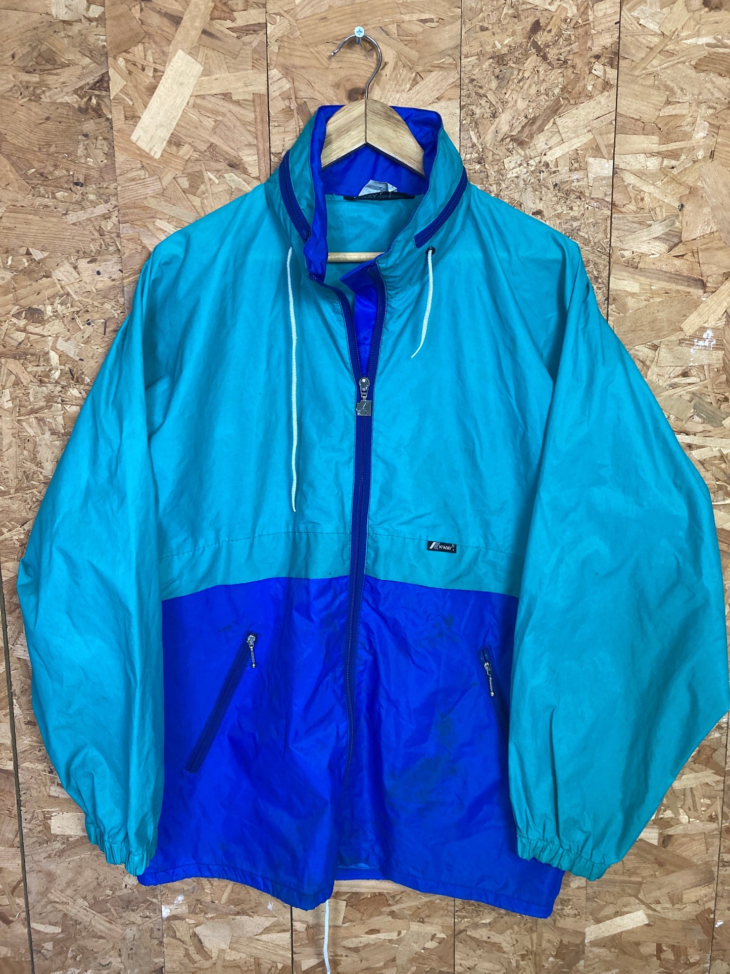 Vintage 90s K-Way blue teal raincoat windbreaker waterproof rain jacket size large