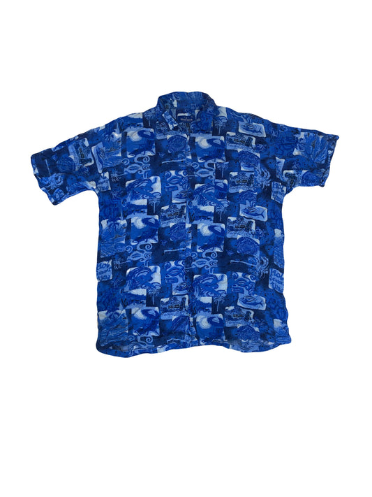 Vintage 90s blue abstract pattern hawaiian style party beach festivals shirt size XL