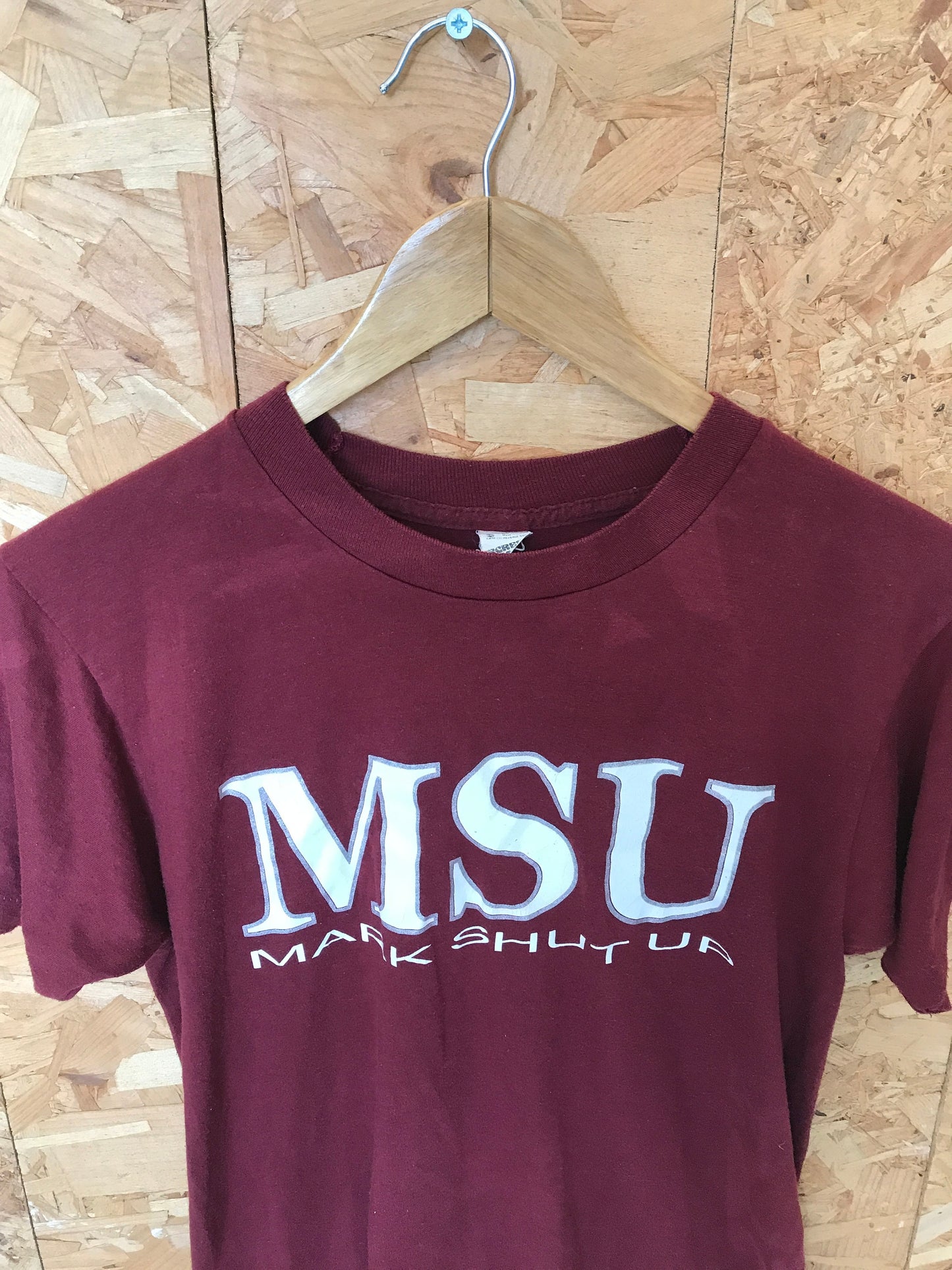 Vintage 90s MSU 'Mark Shut Up' souvenir quirky college team burgundy red  USA t-shirt size small