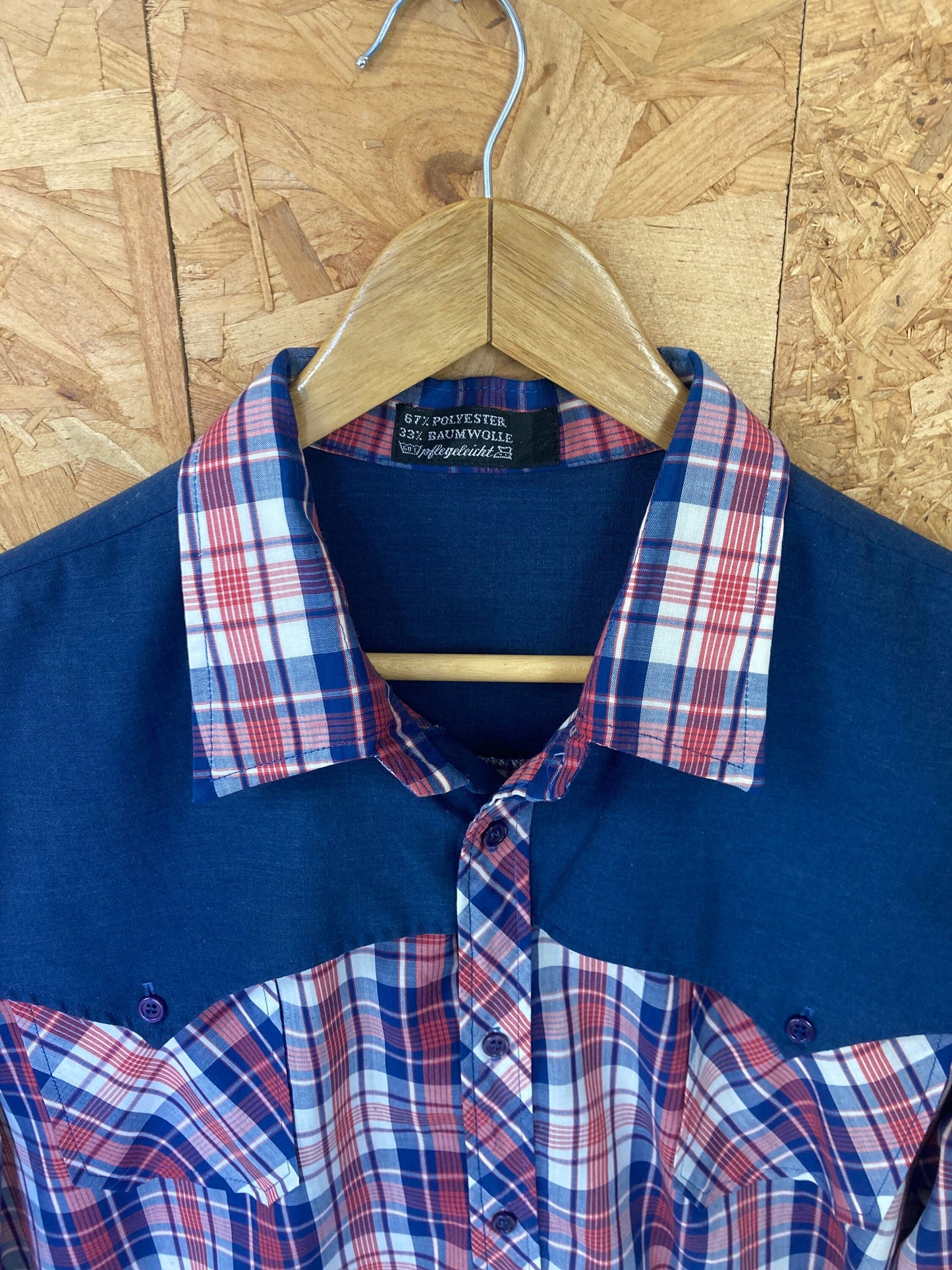 Vintage 80s red blue check pattern & navy yoke western county cowboy shirt size medium/large