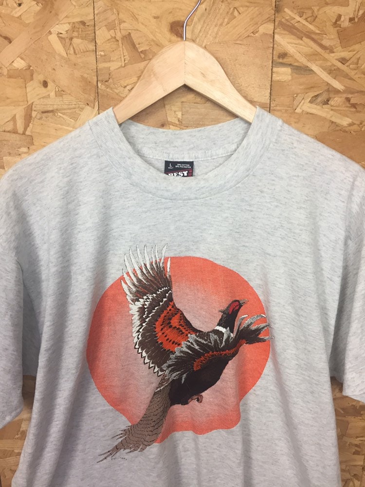 Vintage USA 90s turkey vulture flying bird animal print grey marl t-shirt size large