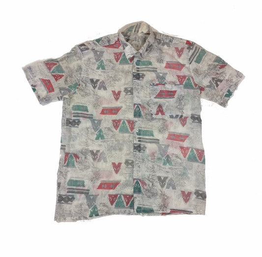 Vintage 90s men’s white green pink watercolour pastel Aztec pattern short sleeve summer shirt oversized medium