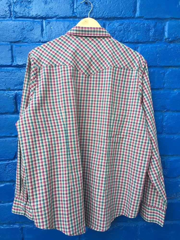 Vintage Wrangler fine check western cowboy shirt with blue pearl snap buttons XXL