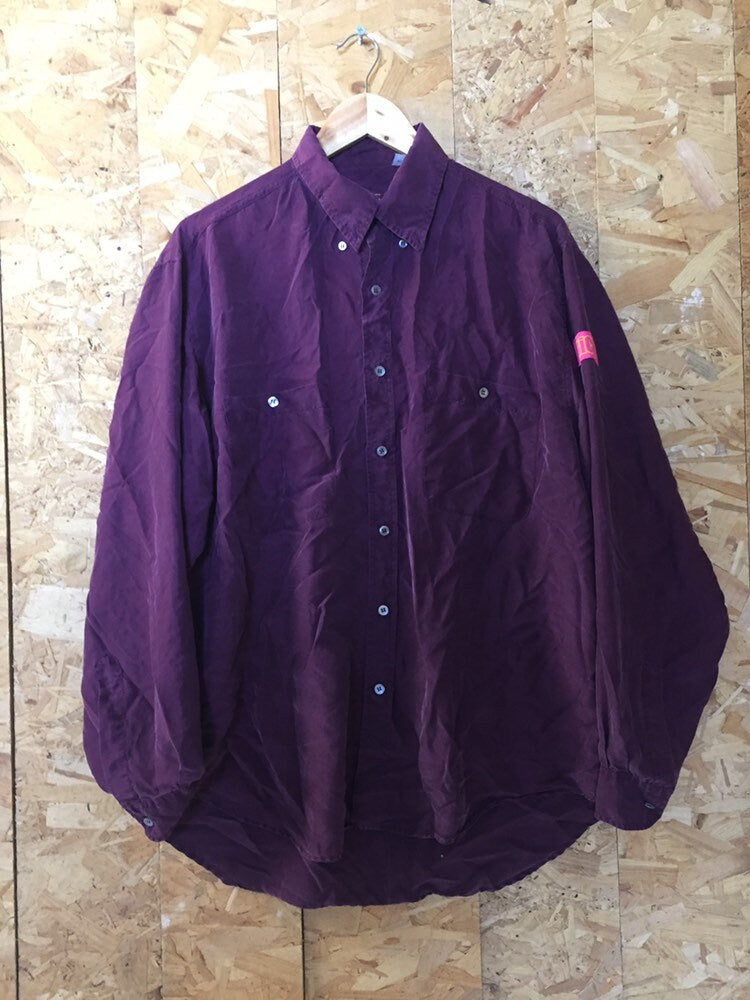 Vintage 90s Hugo Boss gun print burgundy maroon pure silk wavy long sleeve shirt oversized size 40 l