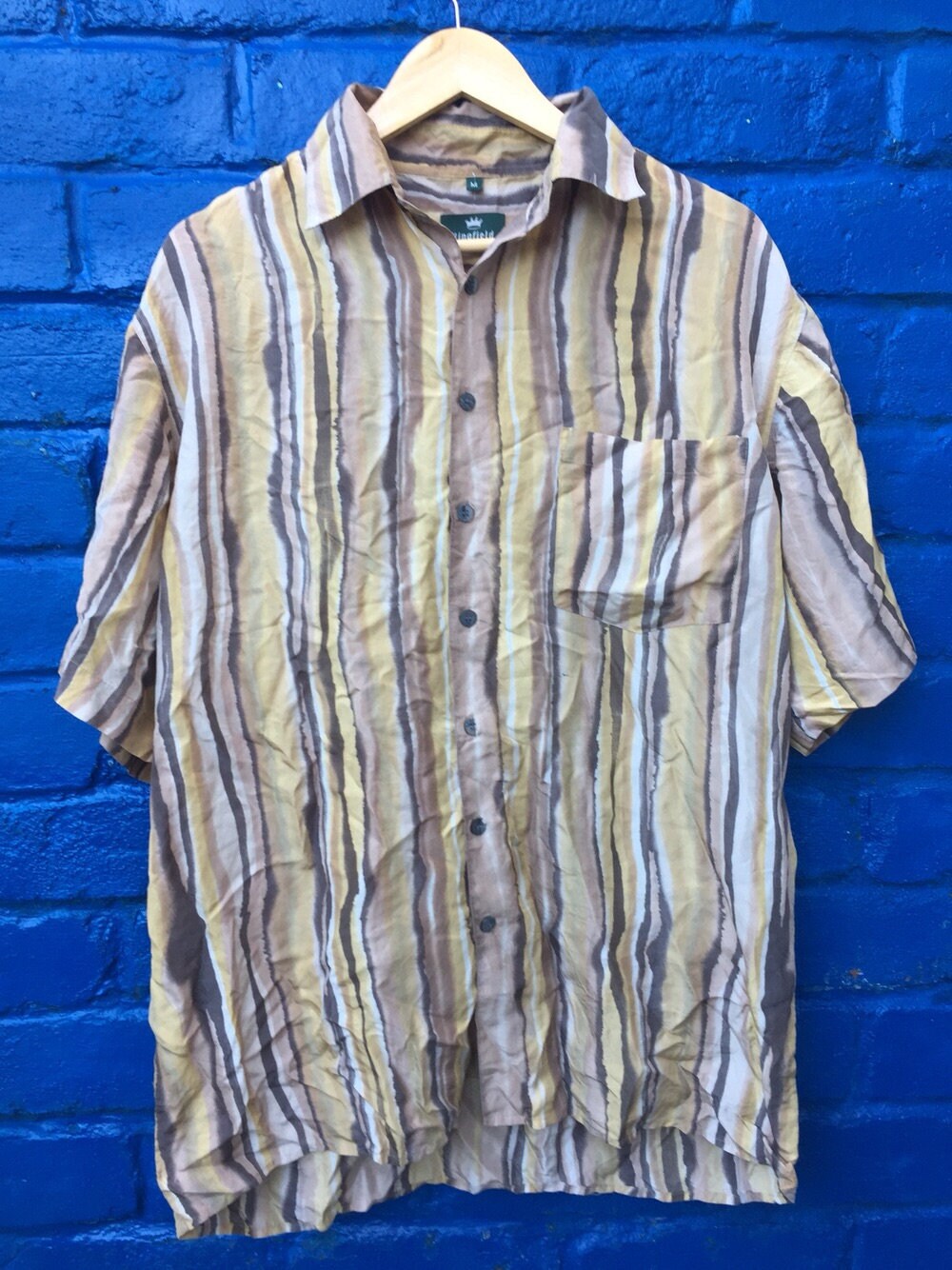 Vintage 90s Silk shirt with Abstract ethnic brown and beige animal stripes size medium oversized