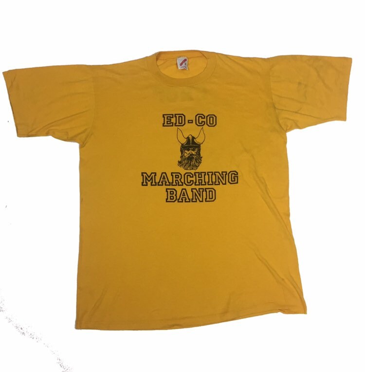 Vintage USA quirky high school Ed-Co Marching Band ‘Chop’ USA yellow t shirt size large