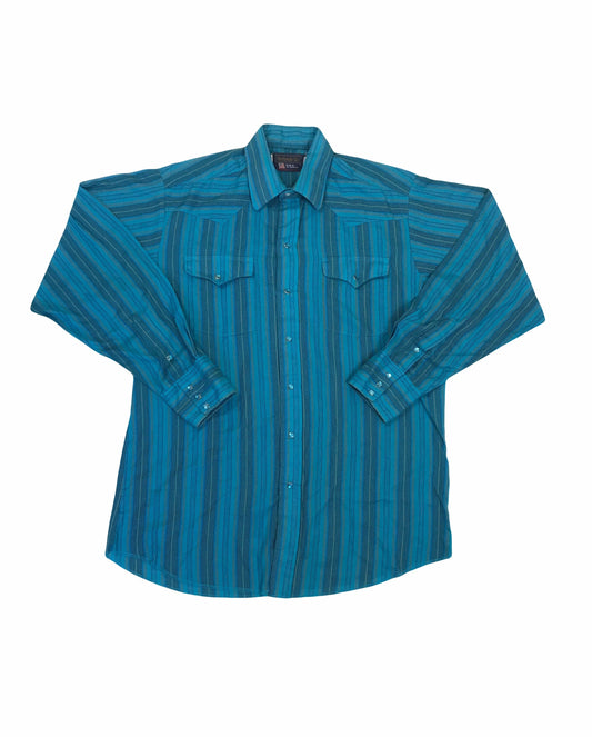 Vintage 80s Panhandle Slim turquoise blue cotton striped USA western shirt size large 16/32