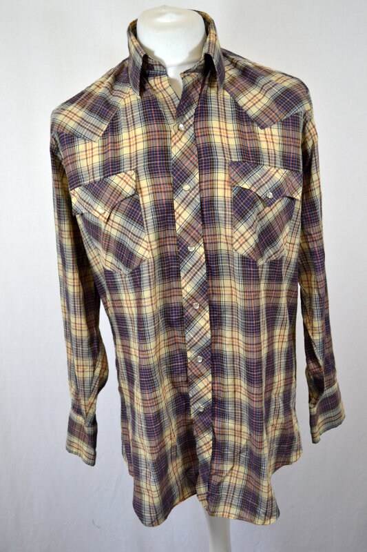 Vintage 80s beige blue red fine check western slim fit twin pocket cowboy shirt size XL