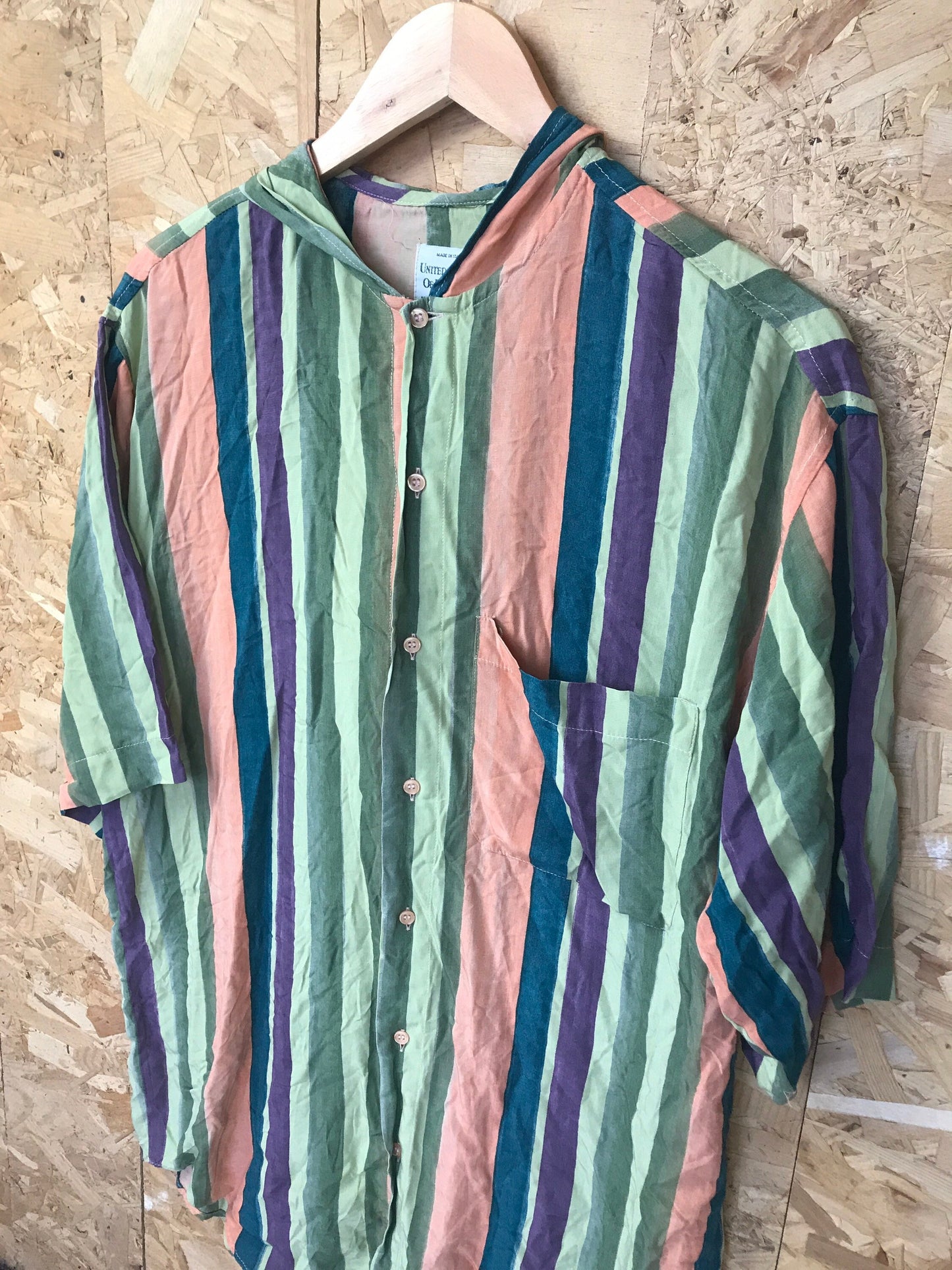 Vintage 90s United Colours of Benetton green orange purple striped short sleeve hooded rayon shirt size large