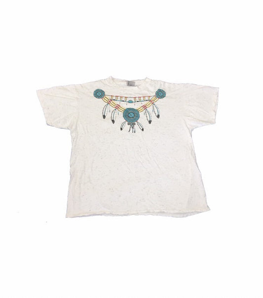 Vintage 90s USA Souvenir Native American costume style decoration white grey fleck t-shirt size XL