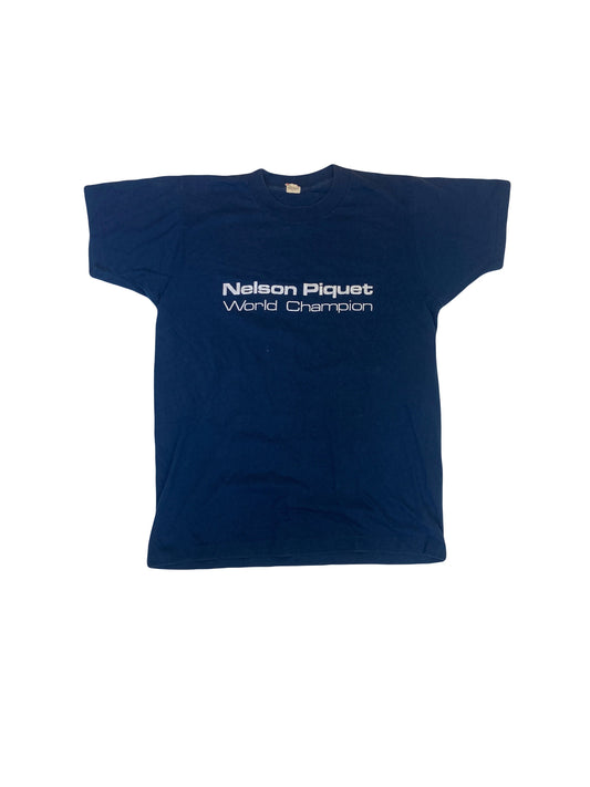 Vintage 80s Nelson Piquet World Champion Formula 1 souvenir USA navy blue t-shirt size medium