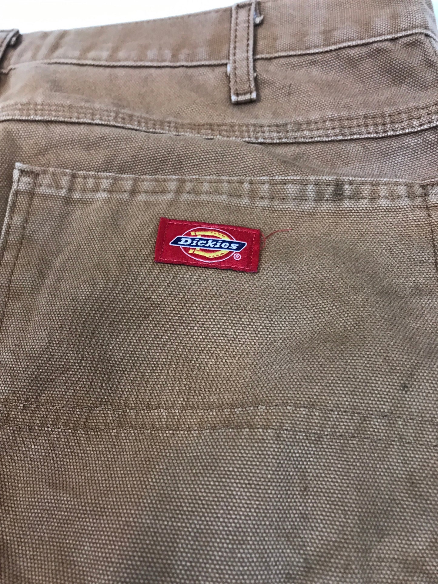 Vintage 90s W33 L32 worn distressed Dickies heavy cotton tan beige canvas duck weave workwear carpenter pants trousers