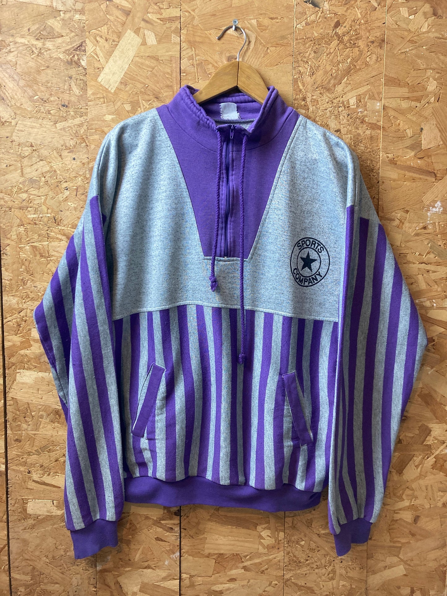 Vintage 80s quarter zip purple grey striped sweater size large