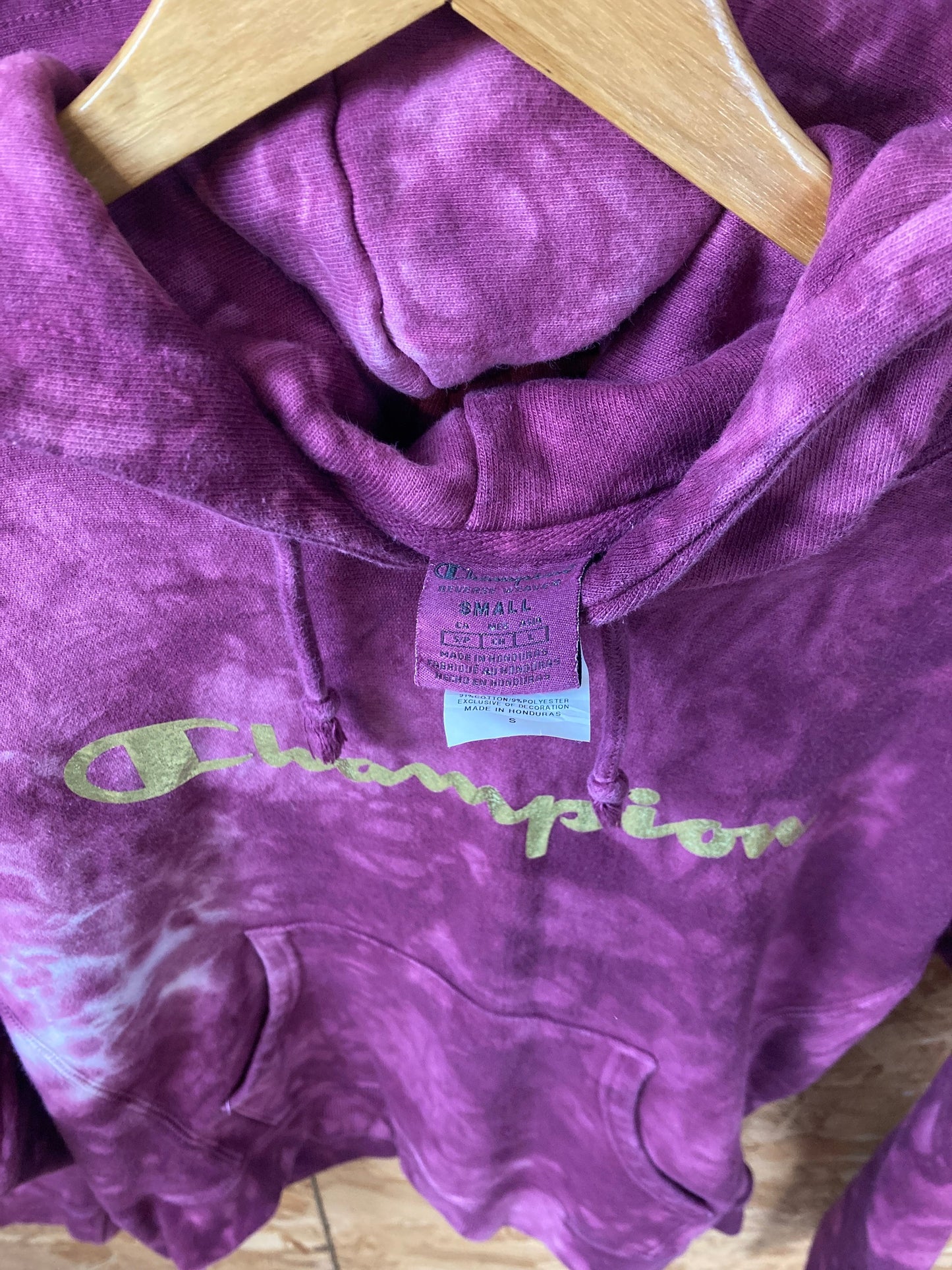 Vintage 90s Champion USA reverse weave  customised tie dye purple hoodie with golden spellout size small