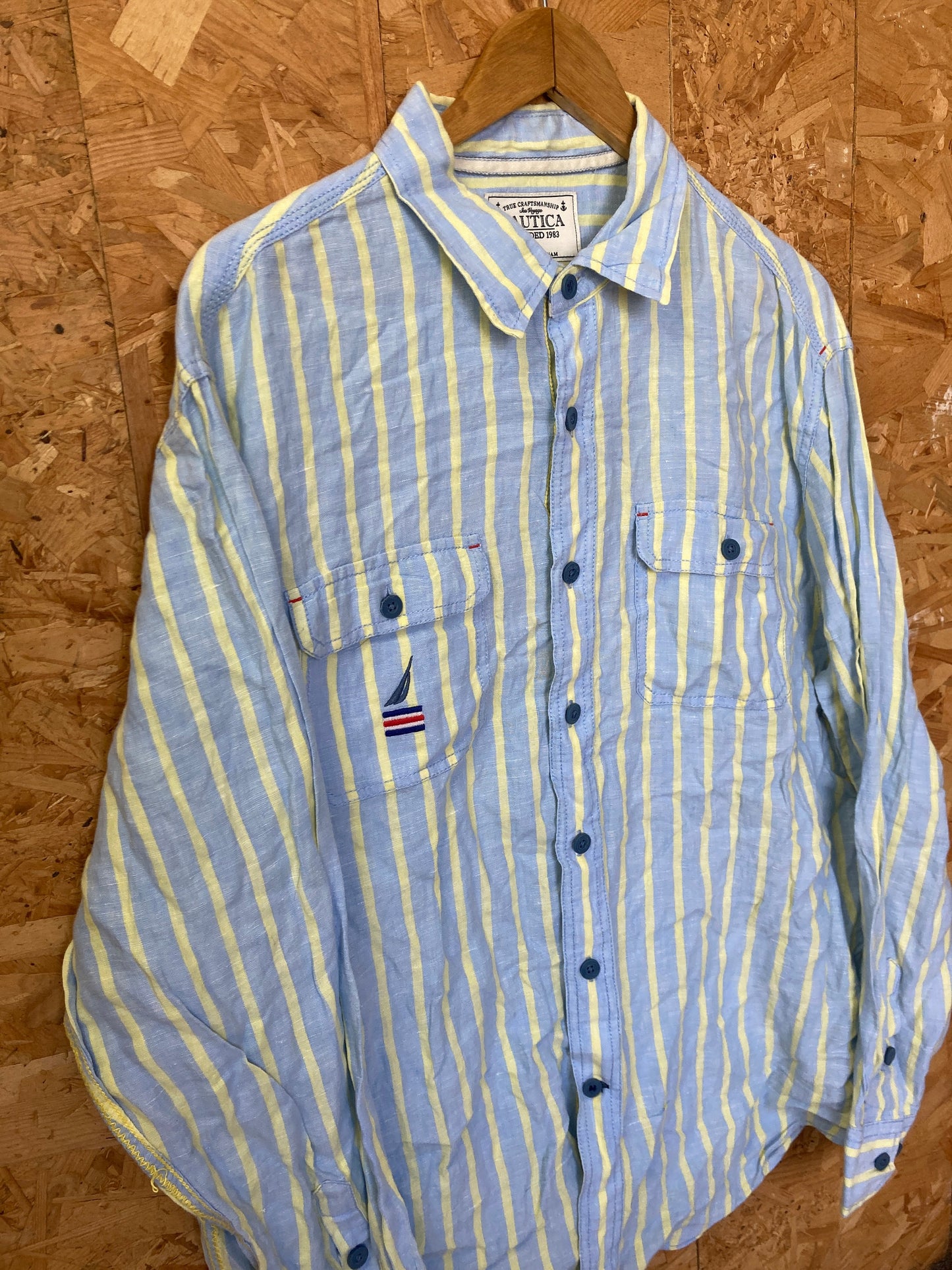 Vintage Y2K Nautica pastel blue yellow striped 100% linen preppy sailing long sleeve shirt size larg