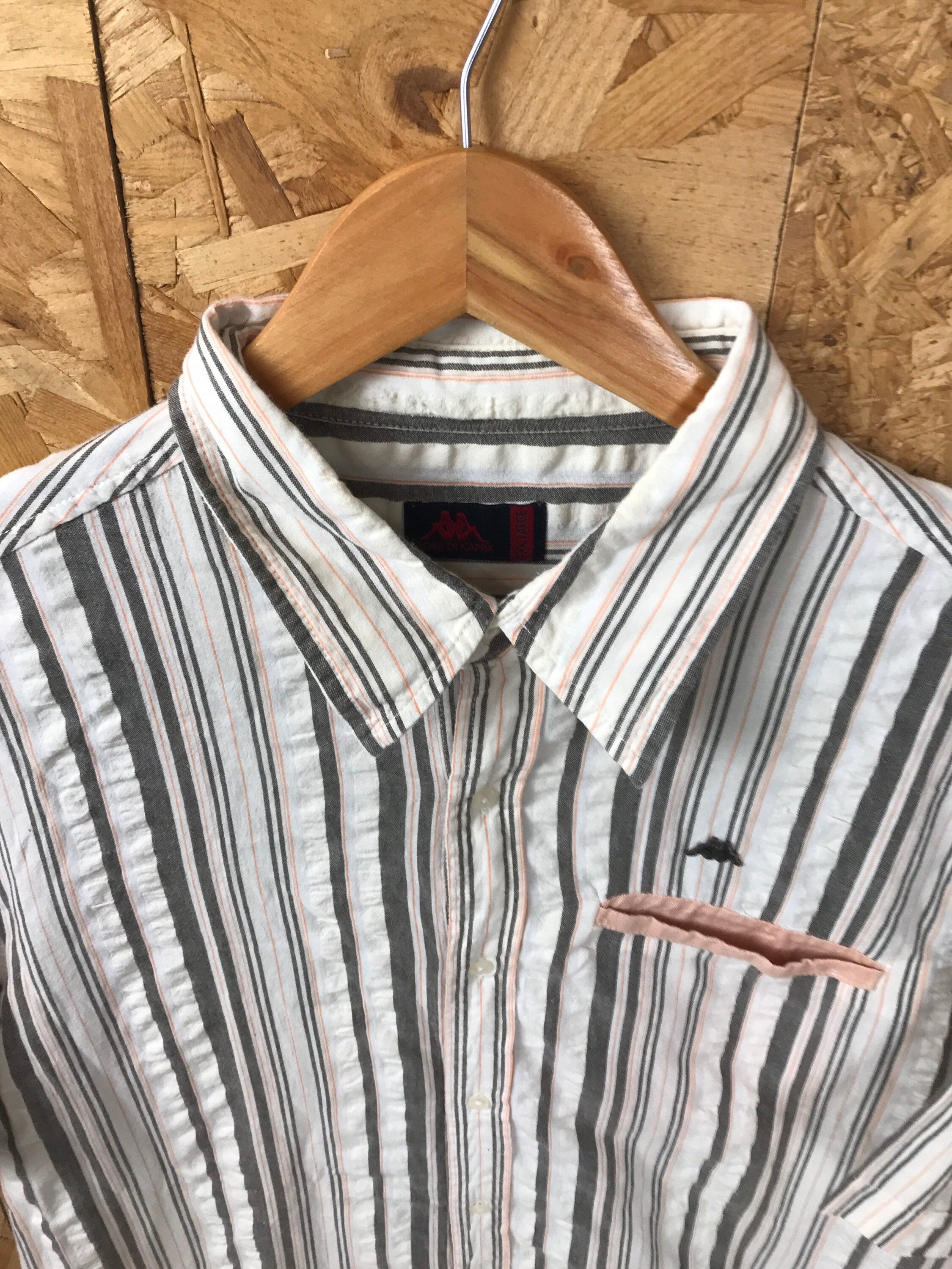 Vintage 90s Robe De Kappa off white coral brown pin striped short sleeve linen shirt size XX large
