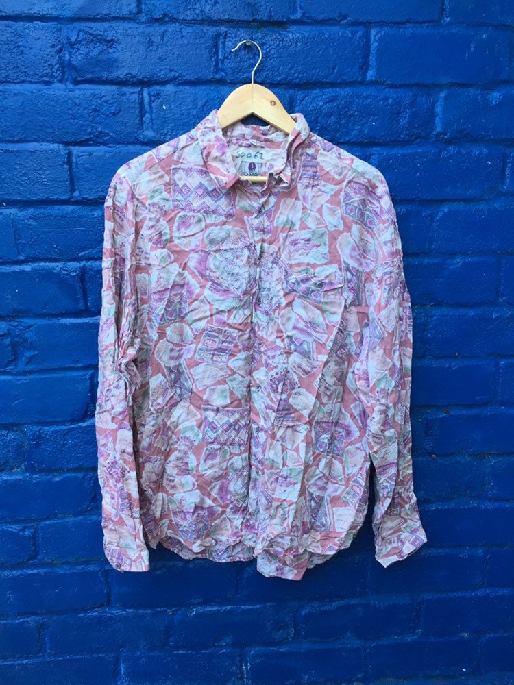 Vintage 90s Pastel pink green abstract Watercolour Print long sleeve rayon party eccentric shirt size XL