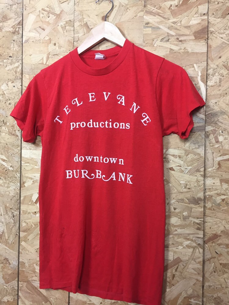 Vintage 80s red Televane Productions downtown Burbank TV crew USA souvenir t shirt size small