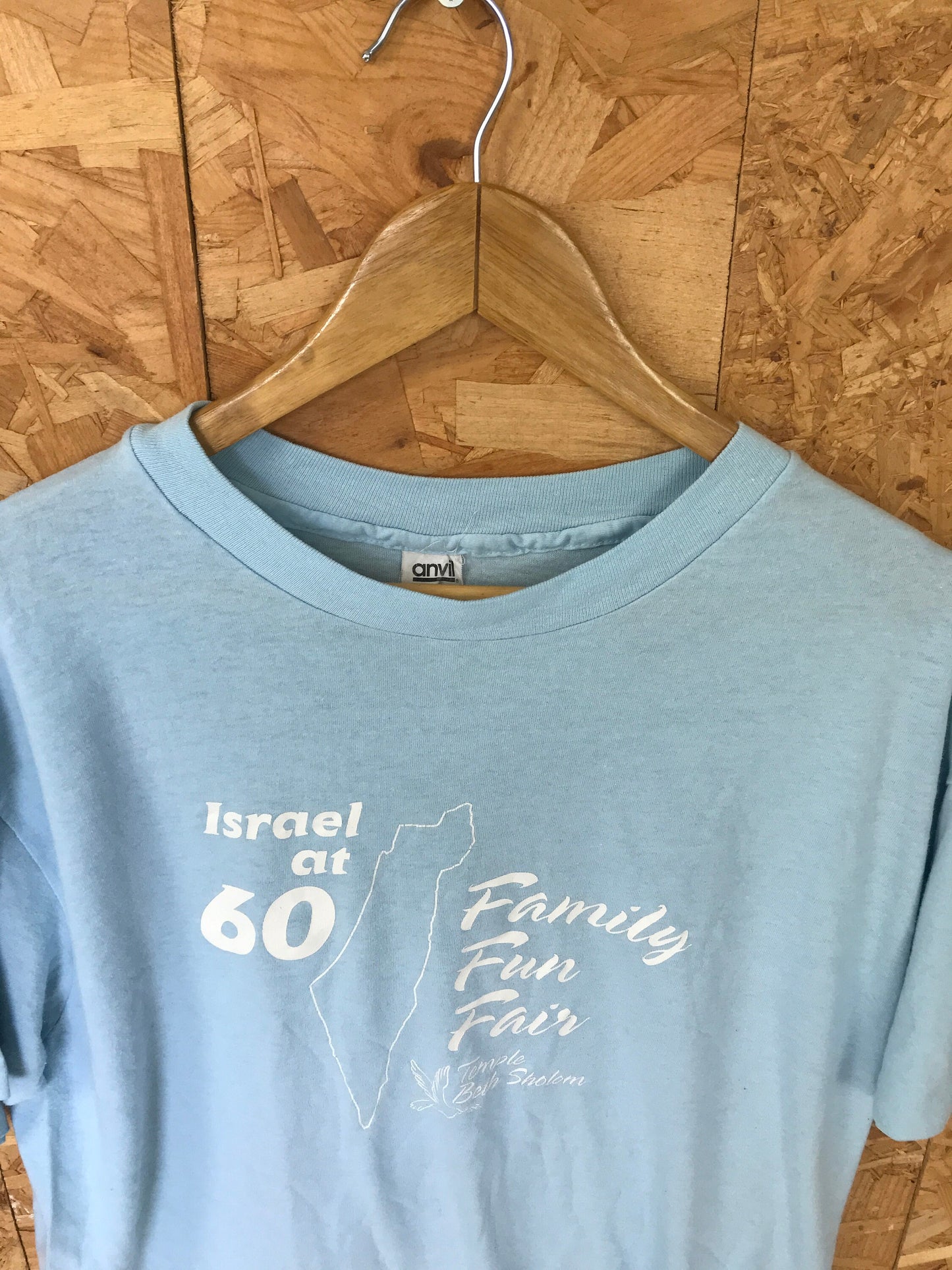 Vintage Y2K Israel at 60 Family Fan Fair pale blue souvenir quirky religious USA t-shirt size XL