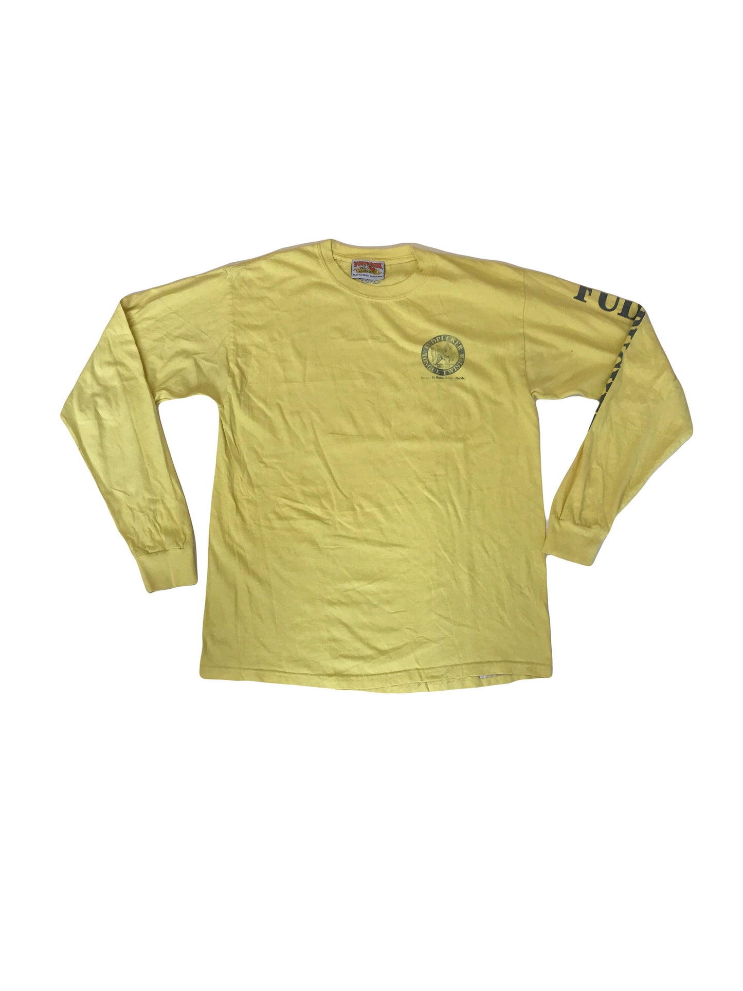 Vintage 90s long sleeve pastel yellow Fudpucker quirky USA  t-shirt size large