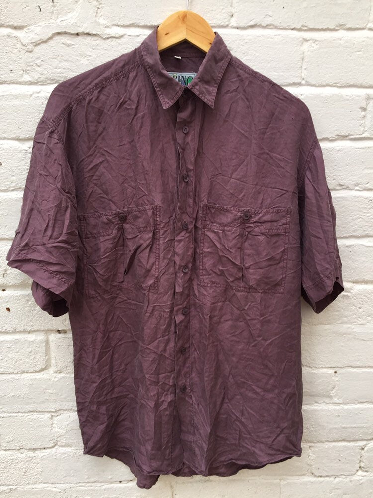 Vintage 90s mauve muted purple pure silk twin pocket oversized mens shirt oversized size small