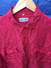 Vintage 90s bright red satin 100% silk oversized unisex twin pockets short sleeve shirt size XL