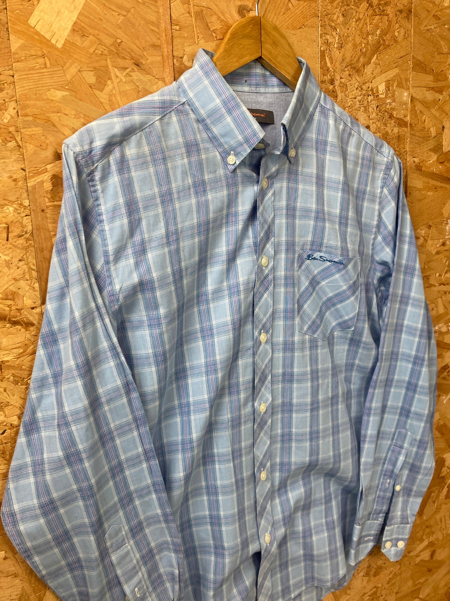 Vintage Ben Sherman mid light blue tablecloth check long sleeve Mod skinhead retro punk shirt size small