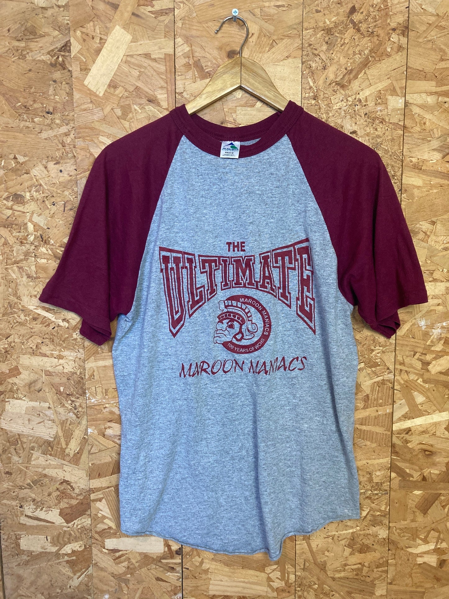 Vintage 90s Snazzy Jazzy ‘14 maroon maniacs USA souvenir college grey burgundy baseball t shirt size medium