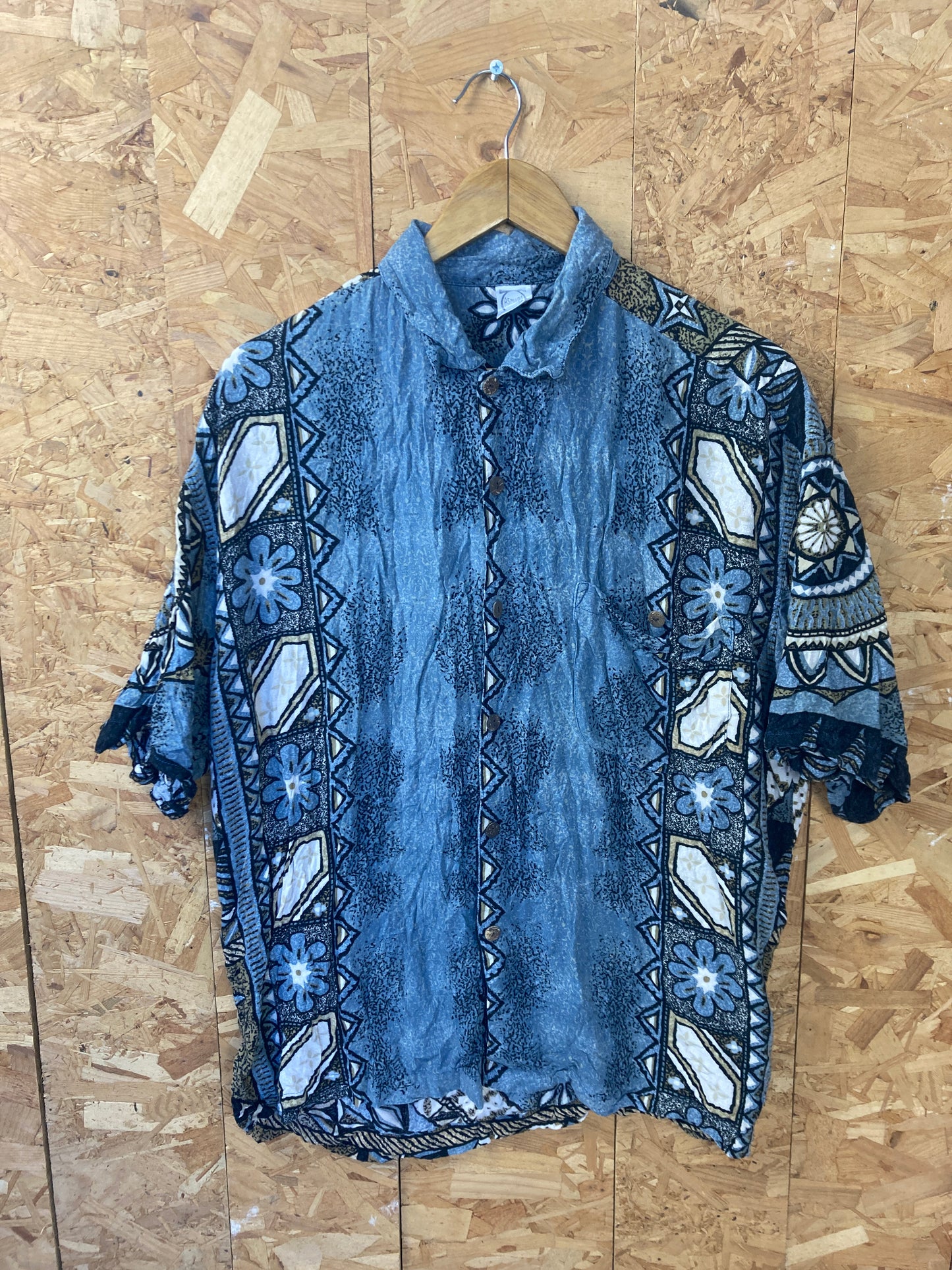 Vintage 90s blue white ethnic tribal pattern Hawaiian shirt size large