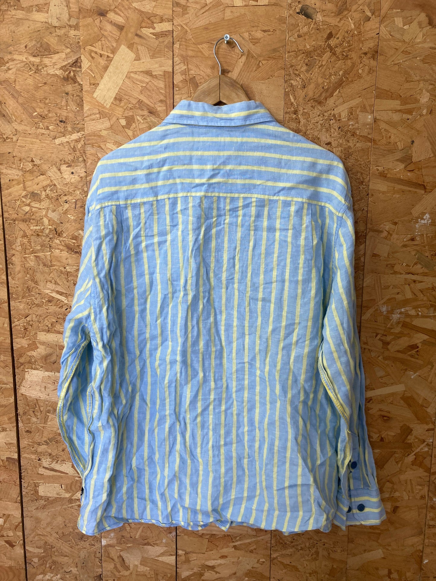 Vintage Y2K Nautica pastel blue yellow striped 100% linen preppy sailing long sleeve shirt size larg