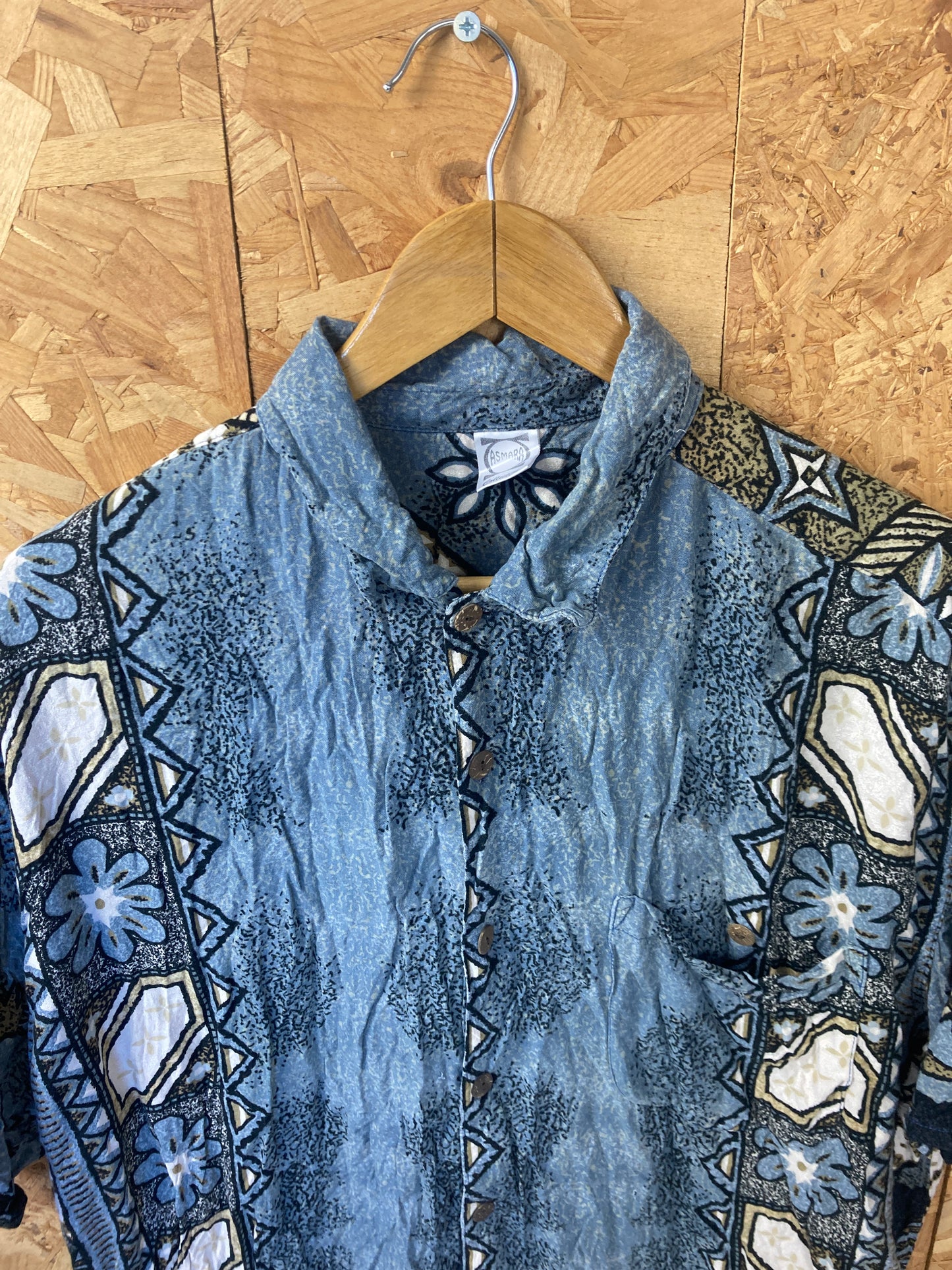 Vintage 90s blue white ethnic tribal pattern Hawaiian shirt size large