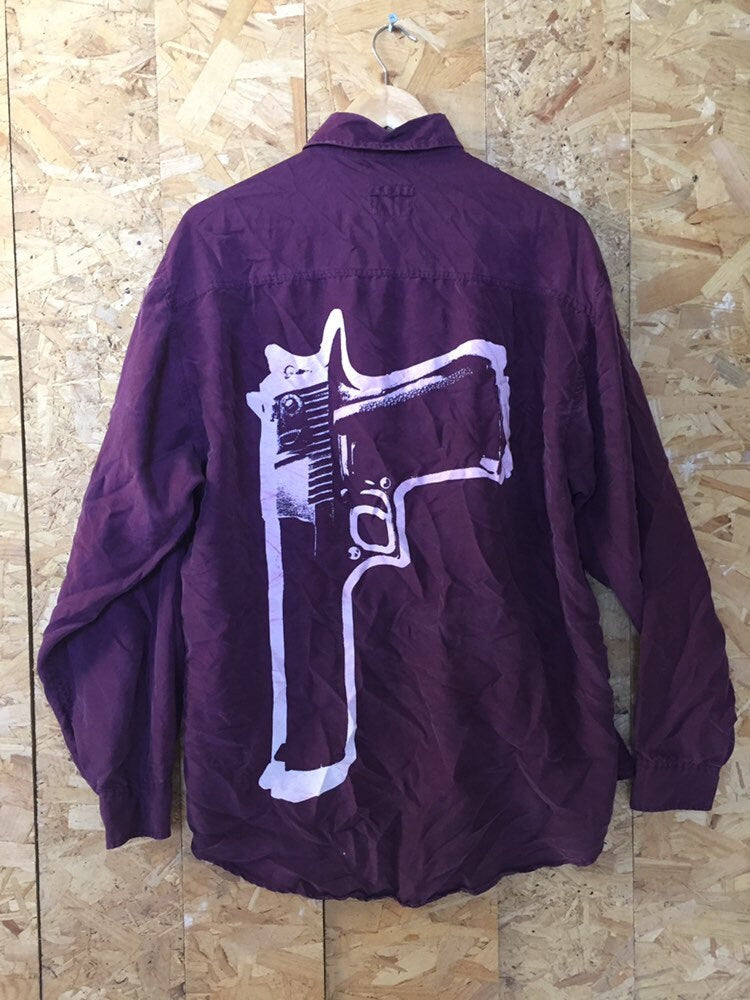 Vintage 90s Hugo Boss gun print burgundy maroon pure silk wavy long sleeve shirt oversized size 40 l