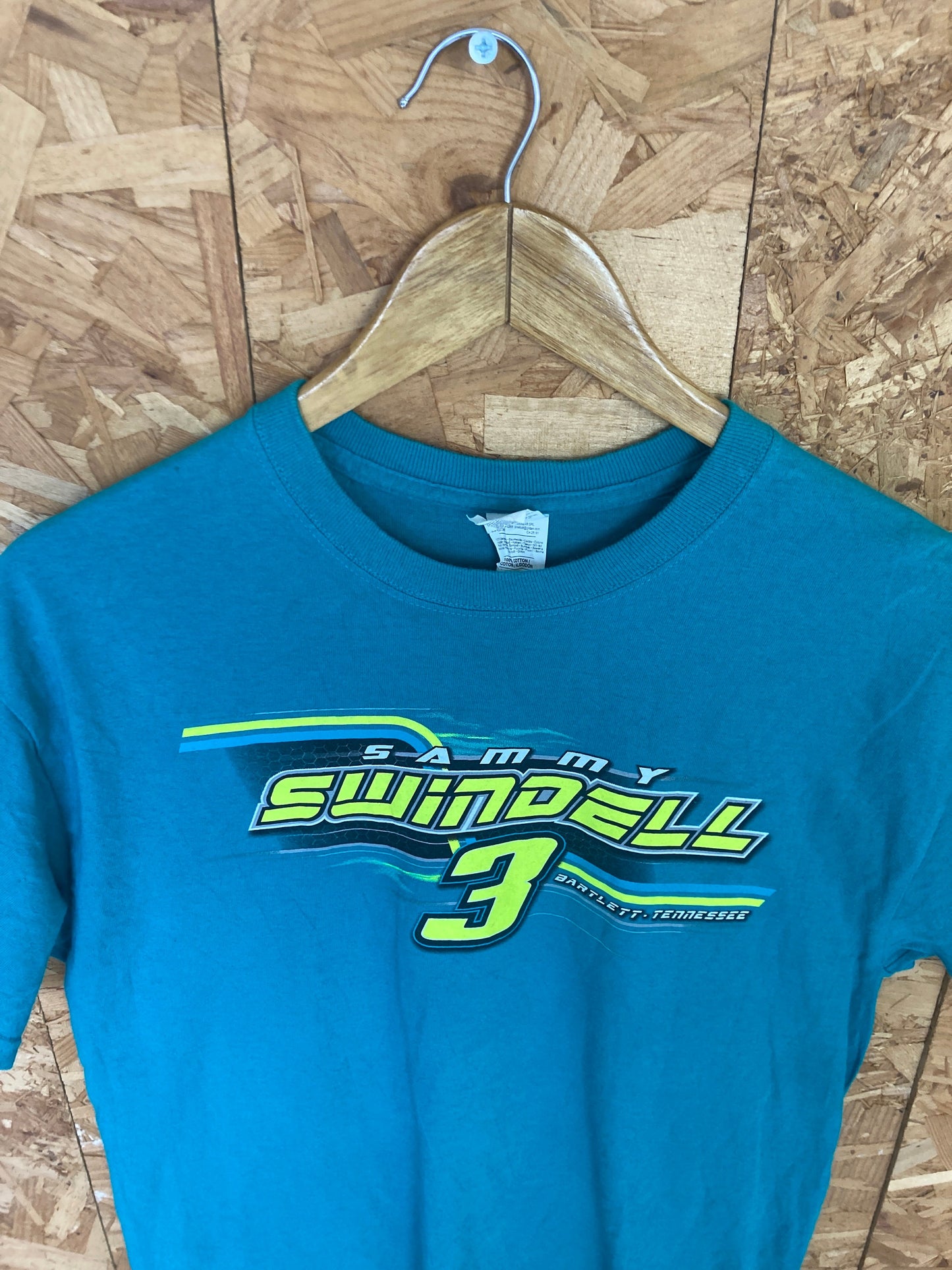 Vintage Y2K nascar racing Sammy Swindle outlaw race souvenir turquoise t-shirt size medium