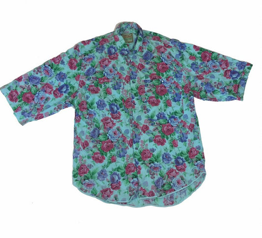 Vintage 90s blue pink floral rose print men’s eccentric party short sleeve western cowboy shirt size large