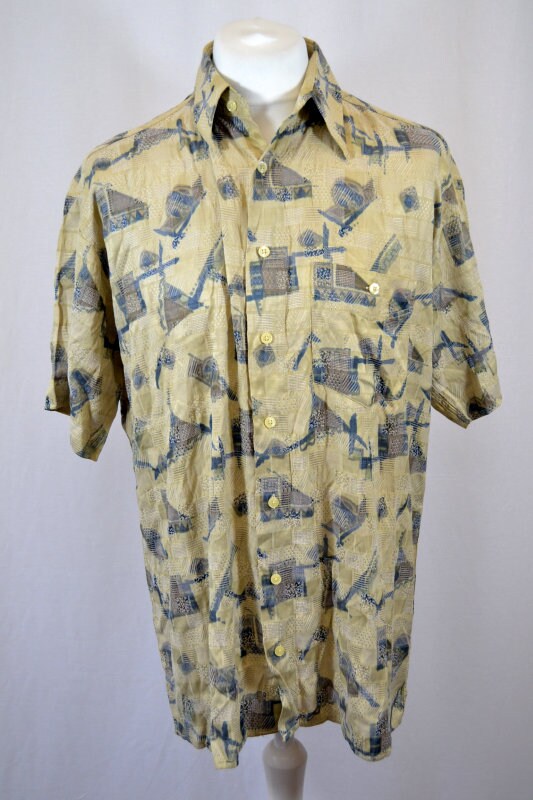 Vintage 90s beige grey abstract texture pattern shirt sleeve shirt size large